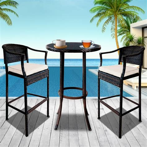 3 Pieces Outdoor Bar Stools Set Modern Pe Rattan Patio Conversation