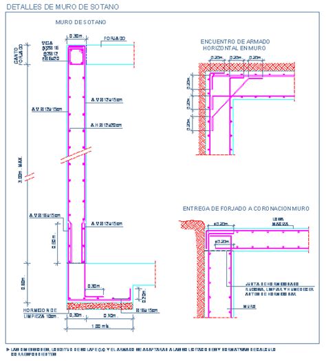 Detalle de muro de sotano de hormigón armado y entrega de losa maciza