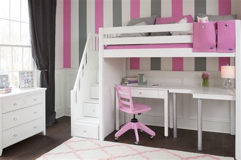 Its black finish look makes this bunk bed more delightful. Our high loft bed with stairs, corner desk, student desk, and lovely pink all hardwood swivel ...
