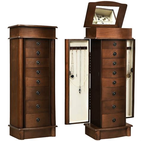 Jewelry Cabinet Wooden Armoire Storage Organizer Chest Box Stand With 8