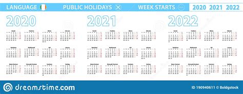 Simple Calendar Template In Irish For 2020 2021 2022 Years Week