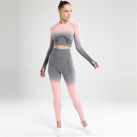 yoga set gym clothing seamless gradient leggings long sleeve top workout sports suit women