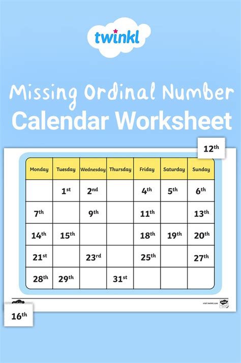 Missing Ordinal Number Calendar Worksheet Calendar Worksheets