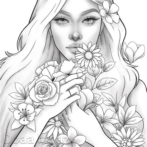 Printable Coloring Page Fantasy Floral Girl Portrait Etsy Fantasy