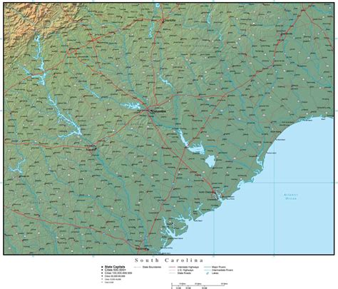 South Carolina State Map Plus Terrain With Cities And Roads