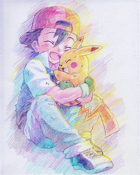 A Drawing Of A Kid Hugging A Pokemon Pikachu