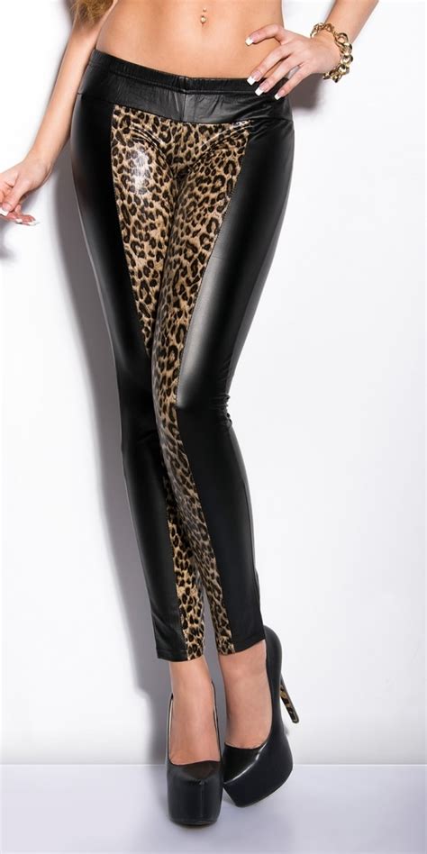 Black Sexy Wet Look Faux Leather Leopard Legging Ladies Stretch Pant