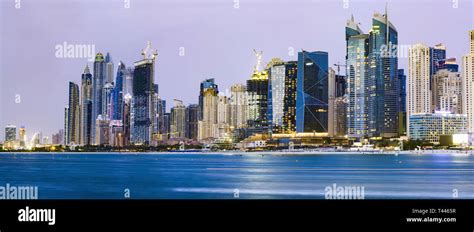 Stunning Panoramic View Of The Illuminated Dubai Marina Skyline During