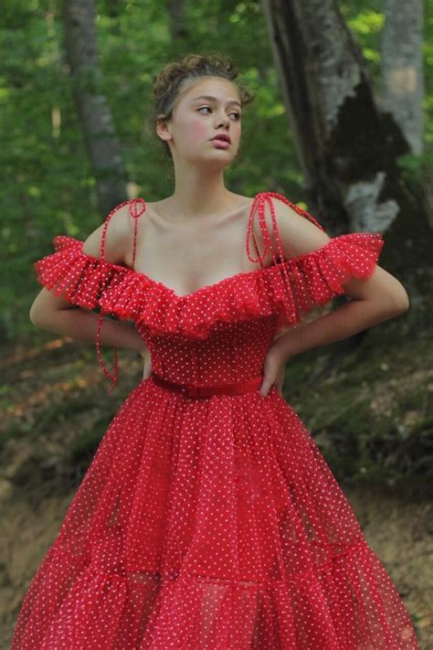 Details Candy Red Dress Color Polka Dots Tulle Fabric Off
