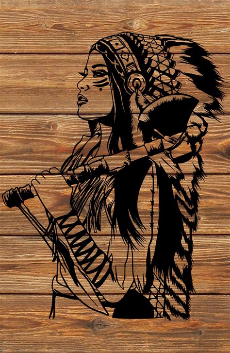 Png Svg File Native American Warrior Girl Stencil For Cricut Etsy