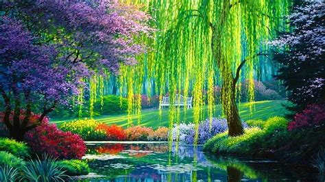 Willows Pond Pond Art Willow Painting Trees Hd Wallpaper Peakpx