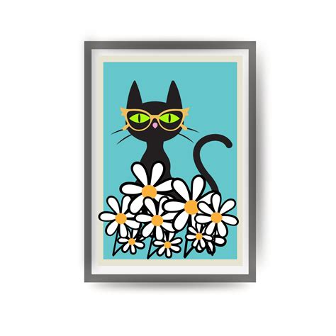 Black Cat Art Print Daisy Decor Garden Cat Black Retro Spectacles Cat