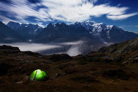 Night View Of The Mont Blanc Mountain Range During The Summer With It