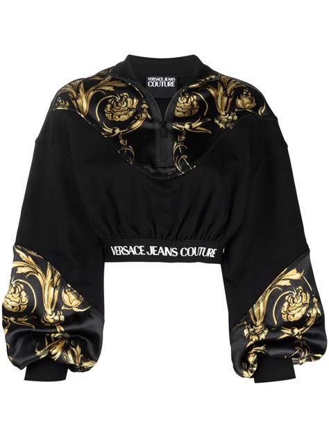 Versace Jeans Couture Black And Black Baroque Print Cropped Sweatshirt