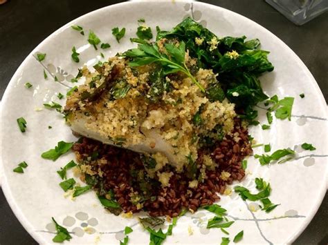 Garlic Butter Lemon Herb And Panko Crusted Chilean Sea Bass Over