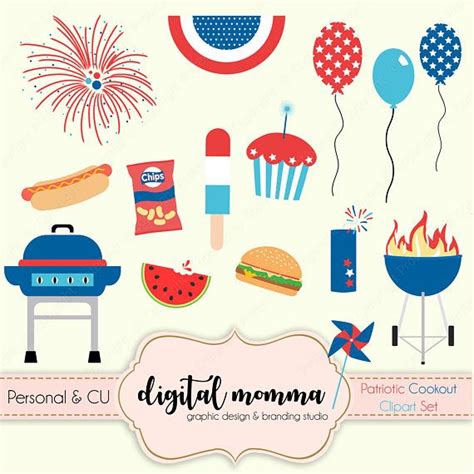 Patriotic Cookout Clipart Set July 4th Cookout Barbque Clip Art