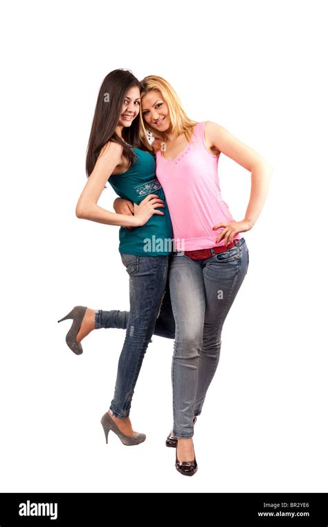 Two Beautiful Girlfriends Posing Isolated On White Background Stock