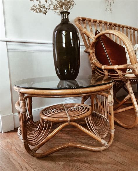 Amazing midcentury round rattan and bamboo coffee table. Vintage Franco Albini Style Rattan Coffee Table, two tiered rattan coffee table, bentwood bamboo ...