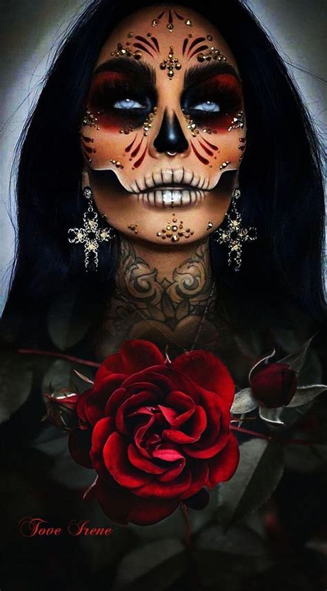 A Woman With Makeup On Her Face And A Rose In Front Of Her Face Is Shown