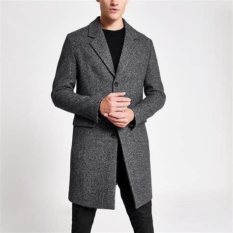 River Island Mens Charcoal Grey Single Breasted Wool Overcoat The