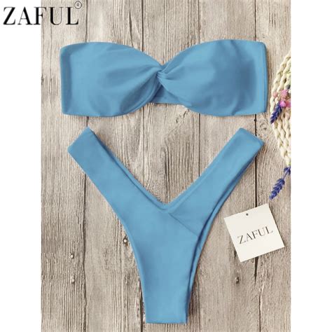 Zaful Newest Summer Sexy Bikini Women Swimwear Bandeau Twist Front Thong Bikini Set Beach