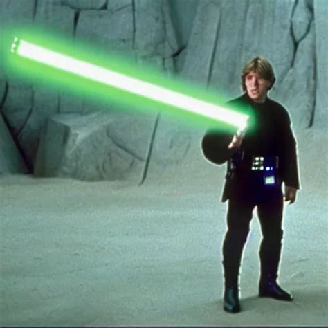 A Still Of Luke Skywalker Holding His Green Lightsaber Stable