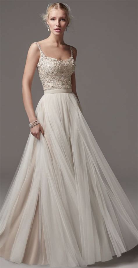 romantic beaded bodice wedding dress with effortless pleated tulle skirt featured dress m