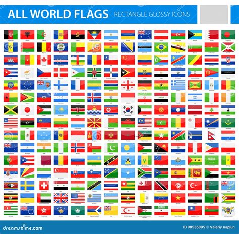 All World Flags Rectangle Glossy Vector Icons Stock Illustration