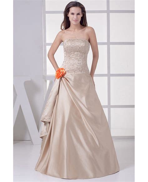 Strapless Embroidered Champagne Color Wedding Dress With Flower