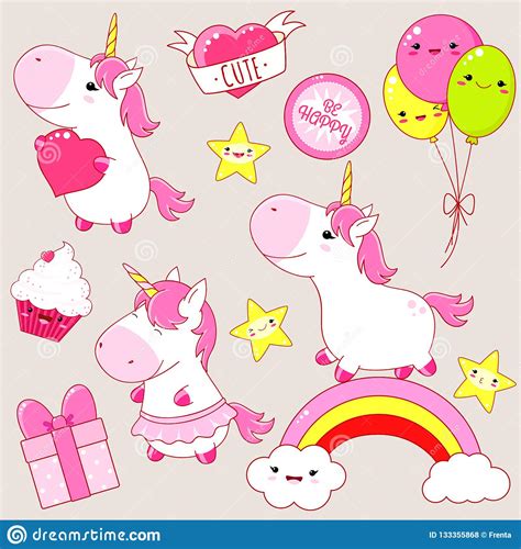 Set Of Cute Unicorns Stickers In Kawaii Style Stock Vector