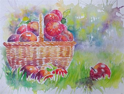 Red Apples In A Basket Watercolour Painting Red And Green Etsy