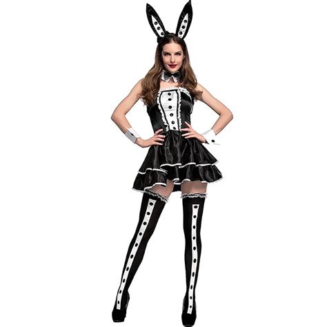 Sexy Bunny Girls Fancy Dress Cosplay Party Costume Ladies White Black Strapless Dot Dress With