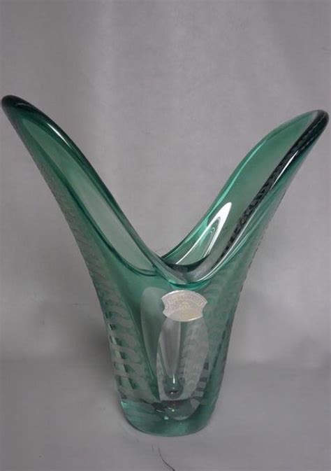 Val Saint Lambert Crystal Vase With Fern Etching Green Vase Crystal
