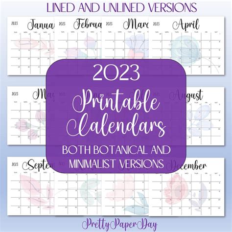 2023 Printable Monthly Calendar Botanical Set Landscape Etsy