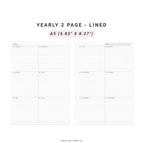 Year At A Glance A5 Planner Inserts Yearly Planner Printable Etsy