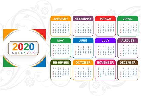 Colorful New Year 2020 Calendar With Floral Background 701525 Vector