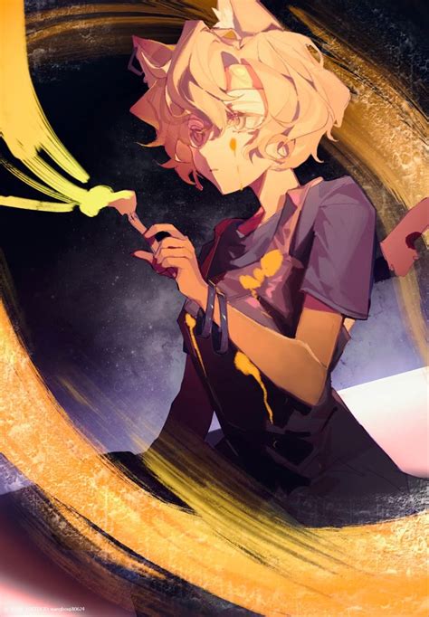 An Anime Character With Blonde Hair Holding A Yellow Object In Her Hand