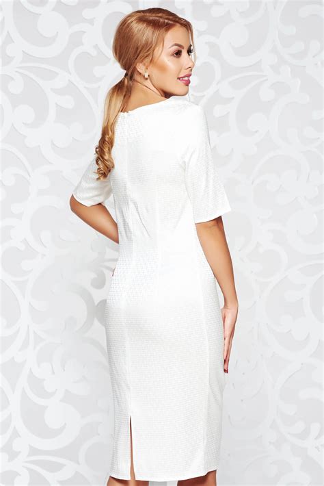 White Elegant Midi Pencil Dress Slightly Elastic Fabric Short Sleeves
