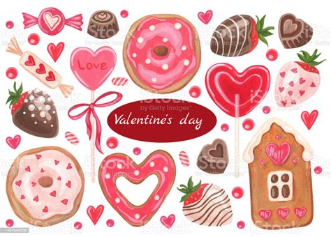 Set Of Isolated Watercolor And Gouache Elements Valentines Day Sweets
