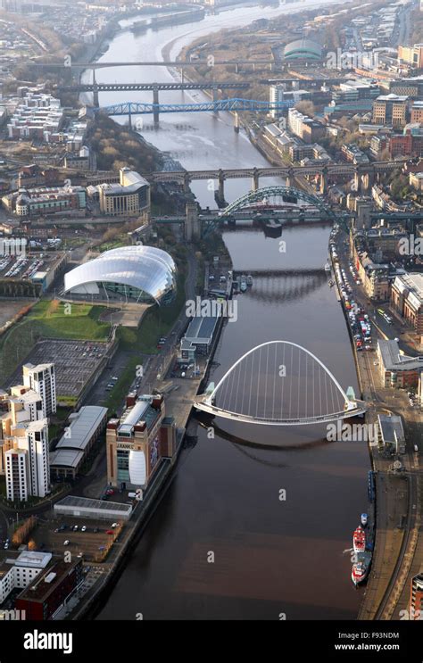 Aerial View Of The Five Tyne Bridges Across The River Tyne And The Sage