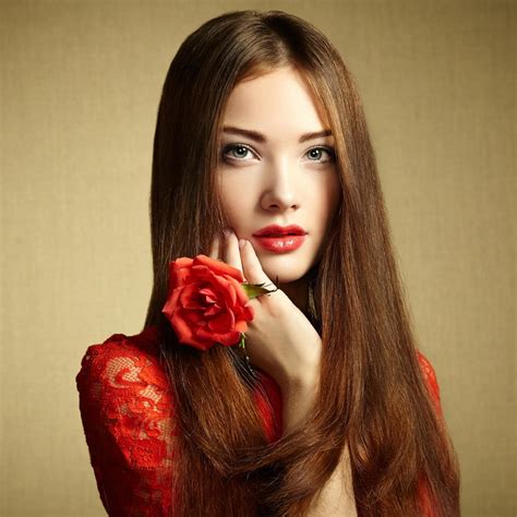 Brunette Women Model Red Lipstick Long Hair Straight Hair Irina Popova Rose Wallpaper
