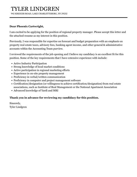 Regional Property Manager Cover Letter | Velvet Jobs