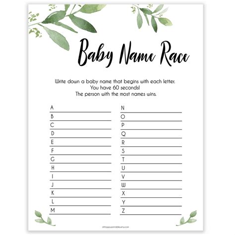 These simple ideas should provide just enough inspiration for you to plan and execute the perfect party for a friend or loved one who is expecting. Baby Name Race Game - Printable Botanical Baby Shower ...