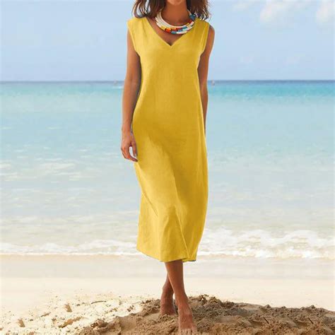 Women Summer Sleeveless V Neck Cotton Yellow Dress Linen Solid Casual