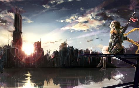 Wallpaper Flower The Sky Girl Clouds Sunset The City Weapons