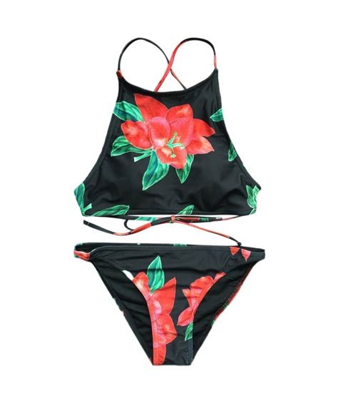 High Neck Floral Print Bikini Swimsuit Black 3r17523412