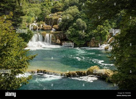 Scenic View Of Waterfalls Cascades And Lush Foliage At The Krka