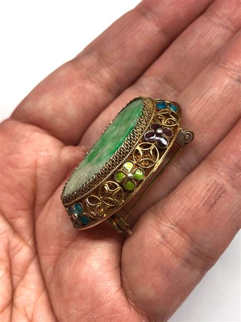 Antique Jade Brooch Carved Jade Gilt Silver Enamel Filigree Etsy