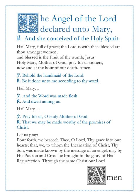 Angelus English Catholic Prayer Card Printable A4 Wall Art