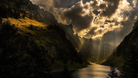 Nature Photography Landscape Sun Rays Mountains Sunlight Dark Clouds Lake Trees